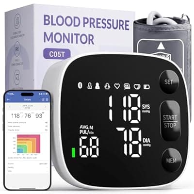 [Oklar] Blood Pressure Monitor Automatic Upper Arm BP Machine for Home Use with Bluetooth App Sync 2x120 Memory Accurate Reading, Large LED Backlit Display Adjustable Cuff 8.7"-16.5" with Storage Bag
