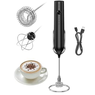 [Generic] Rechargeable Milk Frother Handheld, Electric Whisk with 3 Speeds, Hand Drink Mixer with 2 Heads, Portable Coffee Frother Wand Handheld for Coffee, Lattes, Cappuccino, Eggs (Black)