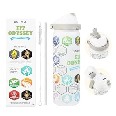 [XTUSIMPLE] 32 oz Motivational Insulated Stainless Steel Water Bottle for Sports, Gym & Travel, 2-in-1 Push-Button Spout & Quick-Flip Straw, Leak-Proof BPA-Free, Keeps Cold 30H, with DIY Fitness Stickers