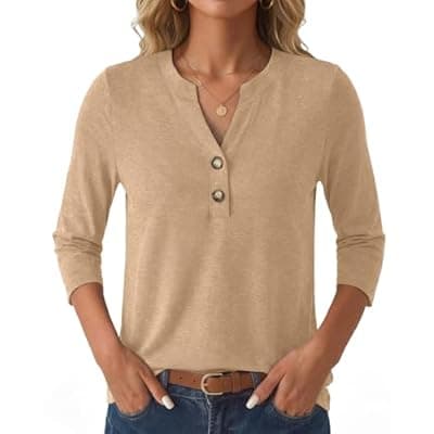 [GKBK] GKBK Womens Tops 3/4 Sleeve V Neck Button Down Henley Shirts Business Casual Outfit Basic Tees Summer Top 2026