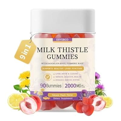 [esverco] Milk Thistle Gummies with 2000MG Extract, Liver Health Support Gummies, Silymarin Milk Thistle Supplement with Artichoke, Dandelion, Turmeric Curcumin, No Sugar, for Adults, Vegan, 90 Count