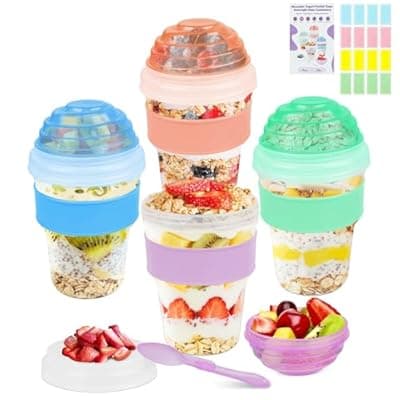 [Torchero] Torchero Yogurt Parfait Cups with Lids Reusable - 4 Pack 20 oz Overnight Oats Containers with Lids Folding Spoons Granola Topper, Cereal Salad Jars for Oatmeal Chia Pudding Meal Prep