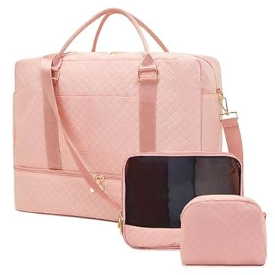 [Soperwillton] Travel Duffle Bag for Women Carry on Bags Overnight Weekender Bags Toiletry Hospital Gym Bag with Shoe Compartment 3pcs Set