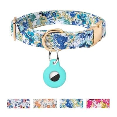 [OEBEESA] AirTag Dog Collar,Adjustable Dog Collars with AirTag Holder,Cute Puppy Collars with Metal Buckle, Soft Padded Blue Flower Patterns Pet Collar for Small Medium Large Dogs