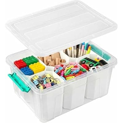 [NUMIFUN] NUMIFUN 17QT Clear Storage Bins with Lids & Dividers for Crafts | Stackable 17-quart transparent box featuring 6 tall removable inserts. Perfect for organizing crafts, tools, toys & crayons
