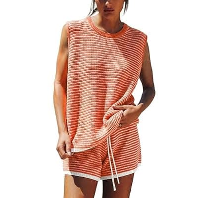 [EXLURA] EXLURA Women's Sleeveless Sweater Set 2 Piece Outfits Striped Crewneck Knit Tank Tops and Shorts Summer Sporty Lounge Sets