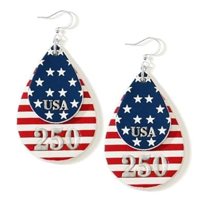 [Wowshow] 250th Anniversary Patriotic Earrings for Women, American Flag Dangle Earrings for 4th of July Teardrop Red White Blue Earrings PU Leather Independence Day Celebration Jewelry Gift Lightweight