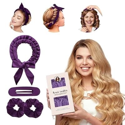 [Ihrlpxkc] Heatless Curls Overnight Headbands for Women, Heatless Curlers Set with Scrunchies and Clip, Hair Rollers for Women to Sleep in, Soft Velvet Heatless Hair Curler for Long Hair, No Heat Damage (Purple)