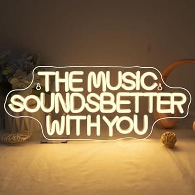 [NOSUN] NOSUN The Music Sounds Better with You Neon Sign Romance Neon Signs for Wall Decor White Neon Light Led Aesthetic Room Decor for Teen Girls Bedroom Salon Music Studio Party Light