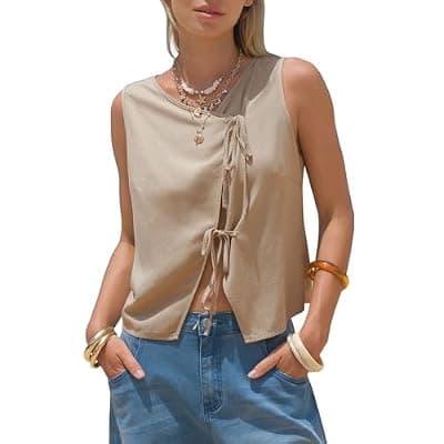 [EXLURA] EXLURA Womens Linen Tank Tops Summer Trendy V Neck Vest Casual Tie Front Shirt Cute Spring Beach Vacation Outfits 2026
