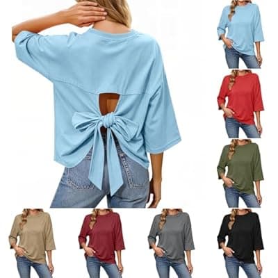 [LIKEOULI] LIKEOULI Womens Tops Trendy Casual Tie Back T Shirts Crewneck Casual Going Out Tops for Women Loose Basic Tee Summer Outfits