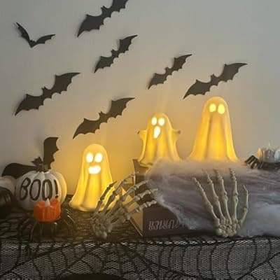 [Atusztas] 3 Pack Halloween Ceramic Ghost Decor, Light Up Ghost Halloween Decor, Cute Ghost Figurines for Table Tray Fireplace Home Indoor Decoration