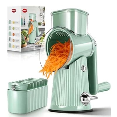 [TOPAA] Rotary Cheese Grater with Handle - Vegetable Shredder with 5 Blades & Strong Suction Base, Round Slicer & Food Chopper for Kitchen (Green)