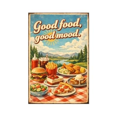 [Carastora] Good Food Good Mood Tin Sign Vintage Food Wall Decor Retro Picnic Meal Illustration Metal Poster Burger Pizza Dessert Art 8x12 Inch Kitchen Cafe Restaurant Display