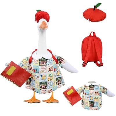 [yuboo] yuboo Back to School Porch Goose Outfit for 23 Inch Cement Goose Statue, Classroom Decor Geese with Red Apple Hat, Red Backpack & Notebook, School Themed Lawn Geese Costume for Yard Decor