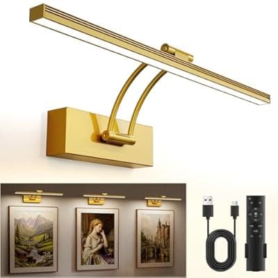 [YITGOG] YITGOG Rechargeable Picture Light for Wall, 16 Inch Magnetic Wireless Art Light with 5000mAh Battery, Remote with Wall Holder, 3 Color Temps Dimmable Timer, No Drill for Paintings(Gold)