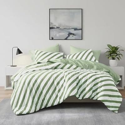 [Regency Heights] Reversible Striped King Comforter Set-Bed in A Bag 7-Pieces Bedding Set with Double-sided Stripes Design-Warm & Cozy Bed Set Includes King Size Comforter, Sheets set, Pillowcases and Shams, Sage Green