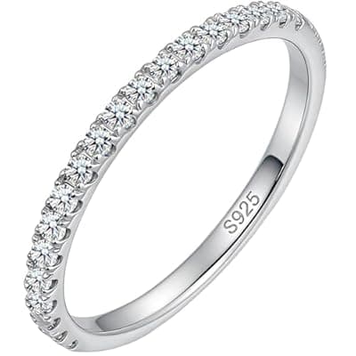 [WES] WES 1.5mm Moissanite Wedding Band - 925 Sterling Silver Half Eternity Round Stackable Moissanite Engagement Rings Anniversary Wedding Rings for Women, Size 4