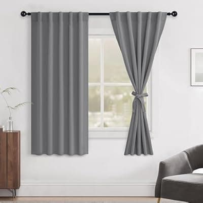 [Hiasan] Hiasan Grey Curtains 63 inch Long Sewn with Tiebacks, Rod Pocket & Back Tab Gray Blackout Thermal Insulated Drapes, Room Darkening Curtains 2 Panels for Living Room Bedroom, 42 inch Wide