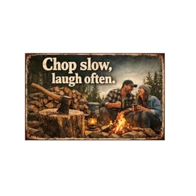 [Carastora] Chop Slow Laugh Often Vintage Tin Sign Rustic Outdoor Wall Decor Metal Plaque Camping Campfire Axe Wood Theme Cabin Garage Bar Farmhouse Humor Art 8x12 Inch Pre Drilled Holes