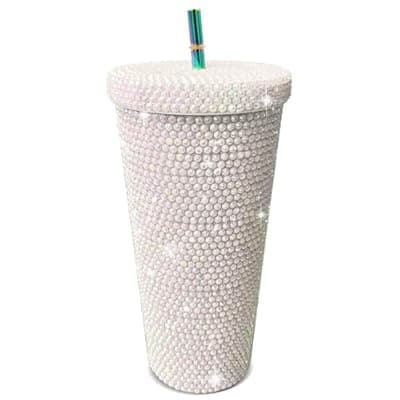 [GYBYW] 26oz Bling Rhinestone Studded Tumbler with Lid and Straws, Bling Cups Stainless Steel Water Bottle Diamond Glitter Tumbler for Women - Birthday Gifts for Women, Mom,Get Well Soon Gifts (White)