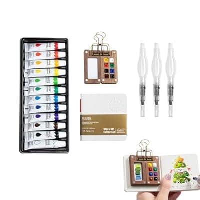 [YAKUNCL] YAKUNCL 12-Color Mini Watercolor Travel Set with Wooden Sketchbook Kit - Portable Watercolor Painting Set Including Water Brush Pen, Sketch Pad & Copper Clip for Artists, Students & Painters