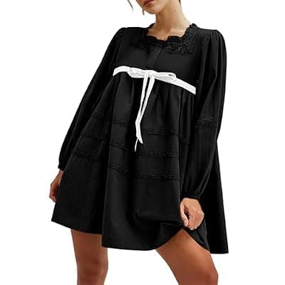 [Burtell] Burtell Women Flowy Long Puff Sleeve Mini Dress Casual Square Neck Lace Embroidered Babydoll Dress Bow Tie A-line Tunic Dress