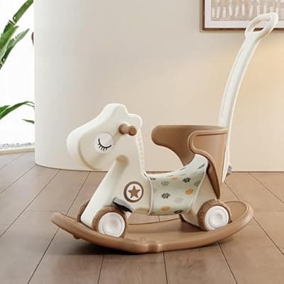 [Deer COCO] Deer COCO 4 in 1 Rocking Horse for Toddlers 1-3, Baby Ride On Toys with Balance Board & Push Handle, Convertible Push Car, Birthday Gift for 1 Year Old Boys Girls (Tan)