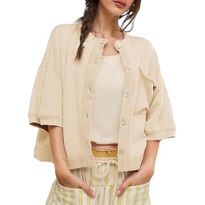 [QIBABU] QIBABU Womens Button Down Cardigan Casual Open Front 3/4 Sleeve Crewneck Sweatshirt Tops