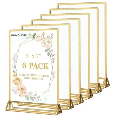[Duilahren] Duilahren 6 Pack Acrylic Sign Holder 5 x 7, Double Sided Gold Picture Frame Stand up Table Top Sign Holders, Clear Display Stand Menu Flyer Holder for Wedding Party (Provide Non-slip Mats)