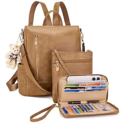 [Soperwillton] Soperwillton Women Fashion Backpack Purse Anti-Theft Leather Shoulder Bag Travel Multi Pockets Handbag Wallet Set 3pcs