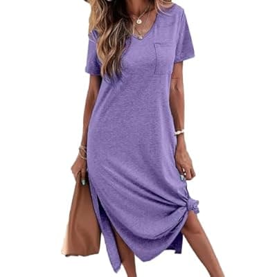 [Dyexces] Dyexces Women Summer T Shirt Dress Casual Short Sleeve V Neck Maxi Dresses Loose Side Slit Long Tshirt Dress with Pockets