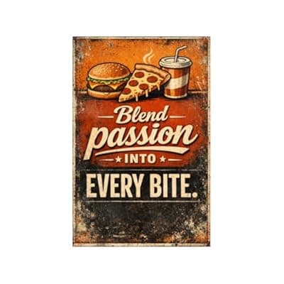 [Carastora] Blend Passion Into Every Bite Tin Sign Vintage Fast Food Wall Decor Retro Burger Pizza Drink Metal Poster Classic Kitchen Diner Cafe Restaurant Art 8x12 Inch Wall Display