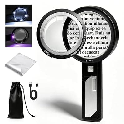 [mlogiroa] MLOGIROA Rechargeable Handheld Magnifier with LED & UV Light, 6X 9X 15X | Detachable 9X lens, USB-C charging, storage pouch, clean cloth, for reading, coins, stamps, jewelry, currency