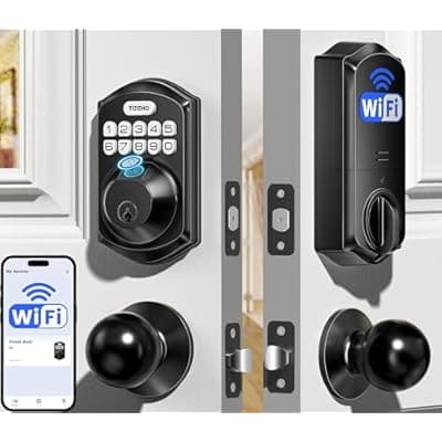 [TEEHO] TEEHO TE012W-K WiFi Smart Keyless Entry Door Lock with Handle, Fingerprint Door Knob & Digital Keypad, APP Remote Control, Works with Alexa & Google, Electronic Deadbolt for Front Door, Matte Black