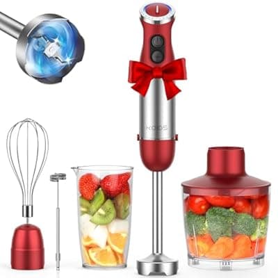 [KOIOS] KOIOS 5-in-1 Hand Immersion Blender, 1000W 12 Speed Handheld Blender Stick with Copper Motor Stainless Steel Blade, 600ml Mixing Beaker,500ml Food Processor, Whisk, Milk Frother, Non-BPA, Red