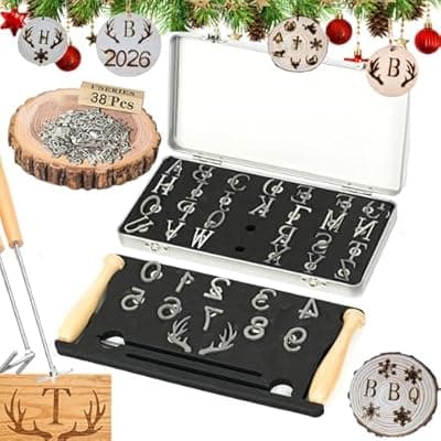 [Generic] 38 Pcs 1" Branding Iron Kit, Stainless Steel Assorted Characters，Letters, Numbers & Symbols Custom for Wood, Leather, Steak, Hat Decorating - with Handle & Toolbox (38Pcs)