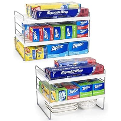 [Aionvidas] 2 Pack Expandable Kitchen Wrap Organizer Rack, Height & Width Adjustable Aluminum Foil and Plastic Wrap Organizer for Pantry, Cabinet Food Wrap Organization and Storage - (3 Tier 9.8 to 15.6"L)