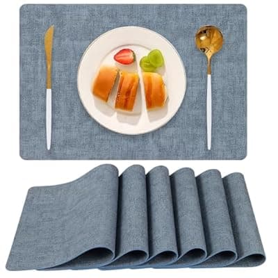 [Boobezeen] Boobezeen Faux Leather Placemats Set of 6, Heat Resistant Wipeable Washable Vinyl Place Mats, Waterproof Anti-Slip Dining Table Mats, Suitable for Indoor & Outdoor Use (Blue)