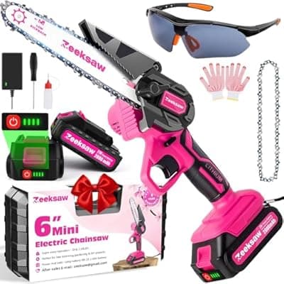 [Zeeksaw] Pink Mini Chainsaw Cordless 6 inch - Electric Hand Held Chain Saw Battery Powered with Power Indicator - Rechargeable Portable Small Chainsaw for Women, Yard Tools Gifts for Gardeners Woman