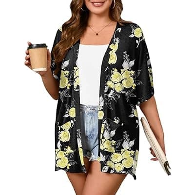 [AusLook] AusLook Plus Size Cardigan for Women Short Sleeve Lightweight Open Front Shrug with Pockets for Dresses and Layering 1X-5X