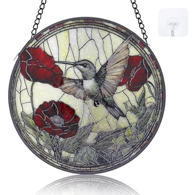 [Sudifor] Stained Glass Window Hanging - 6.3 Inch Hummingbird Red Flower Suncatcher, Bird Suncatchers for Window Home Door Wall Garden Outdoor Decor and Birthday, Hummingbird Gifts for Adults Women Men Mom
