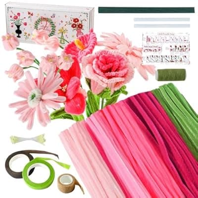 [JollyPetal&Twig] Pipe Cleaners Craft 5 Colors,Chenille Stems Plush Craft Kit,Pink Pipe Cleaners Flowers Kit with Floral Tape for Wedding Gifts Graduation Bouquet JollyPetal&Twig (Pink)