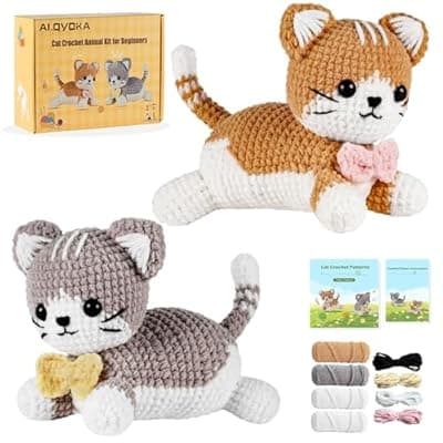 [AI.QVOKA] AI.QVOKA Crochet Kit for Beginners Kids Ages 8-12, Learn to Crochet Kit for Adult Beginners | Cat Crochet Animal Kit with Step-by-Step Video Tutorials – Perfect Crochet Gifts for Girls (2 Pack)