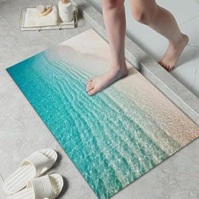 [LYGLIGH] LYGLIGH Ultra Thin Bath Mat, Teal Bath Mat, 1/10 in Thin Bathroom Rugs Fit Under Door, Non-Slip Rubber Backing, Absorbent, Quick-Dry, Washable Funny Beach Decor for Shower and Tub, 35‘’X24''