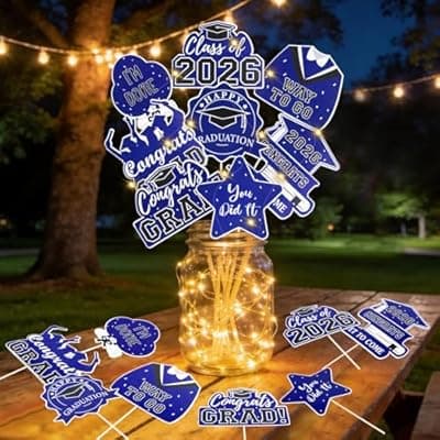 [Yunfan] Graduation Decorations 2026 Graduation Party Decorations 32Pcs Blue Graduation Table Centerpiece Sticks with String Lights for College High School Congrats Grad Party Decor Supplies Favors Photo Props