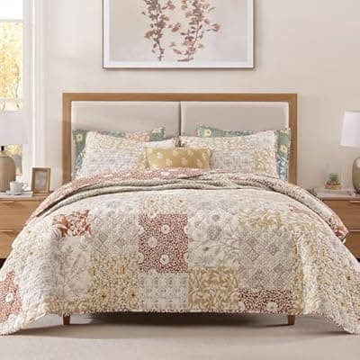 [CASAAGUSTO] CASAAGUSTO Twin Quilt Set - 2 Pieces Patchwork Terracotta Quilt Bedding Set, Lightweight Twin Bedspread Coverlet, Reversible Floral Bed Cover for All Seasons (66"x92", 1 Quilt + 1 Pillow Sham)