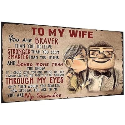 [Carastora] Carastora Vintage Metal Tin Sign Funny Sarcastic Party Wall Art Decor Signs To My Wife You Are Braver Than You Believe Landscape Paper Posters Birthday Gifts Decor Bedroom, Living Room Print - White