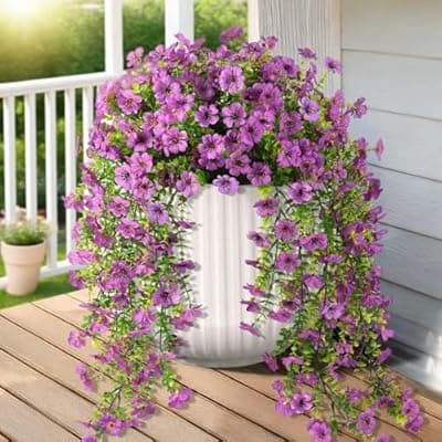 [Meitrio] Meitrio Artificial Fake Flowers Plants for Outdoors, 2 PCS UV Resistant Faux Silk Daisy with Eucalyptus Leaves Hanging Flowers for Home Garden Balcony Yard Porch Decor(Purple)