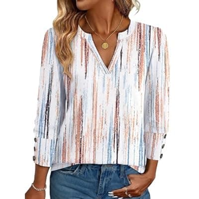 [NORACORA] NORACORA 3/4 Length Sleeve Womens Tops Loose Fit V Neck Lightweight Shirts Buttons Cute Dressy Casual 2026 Summer Clothes